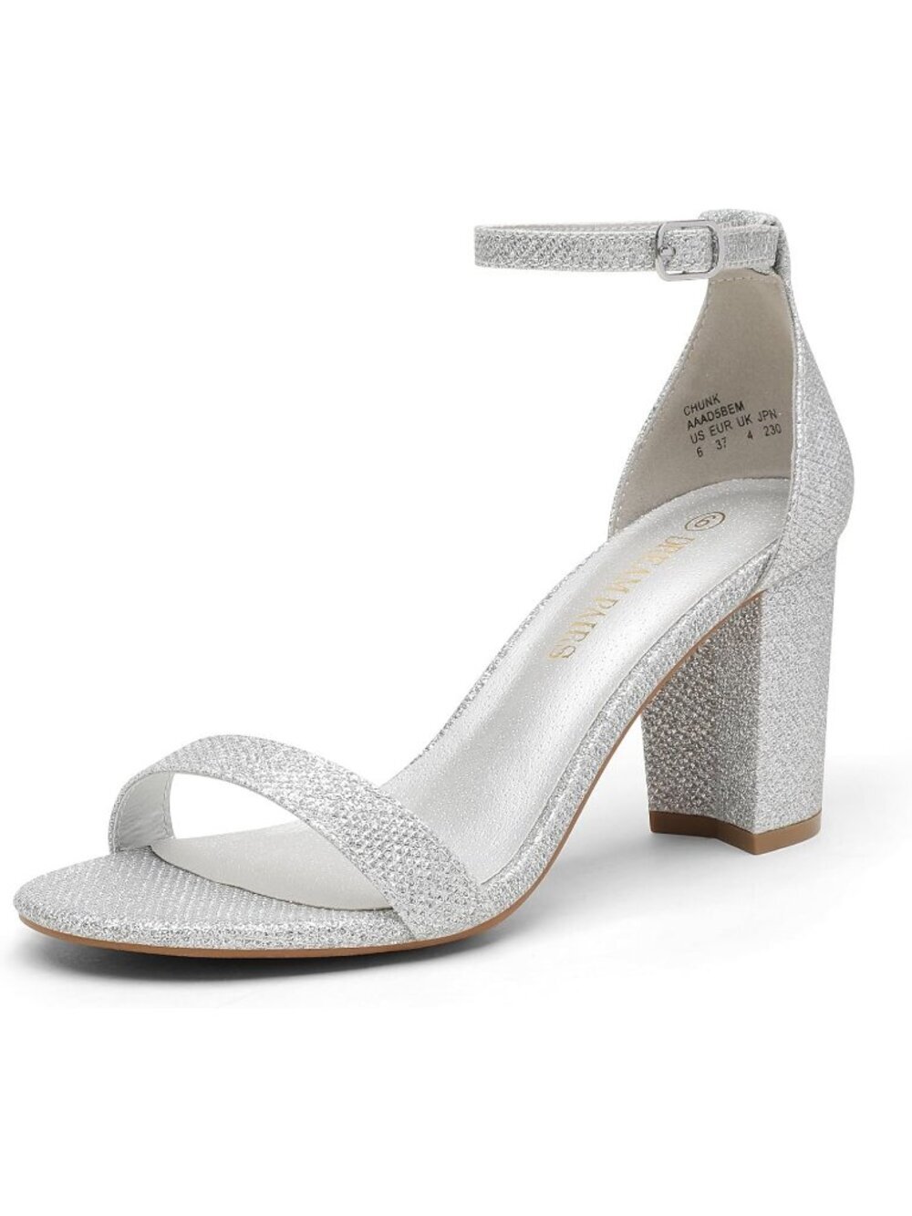 Women's Silver Glitter Comfortable Open Toe Ankle Strap Chunky Block Heel Sandal